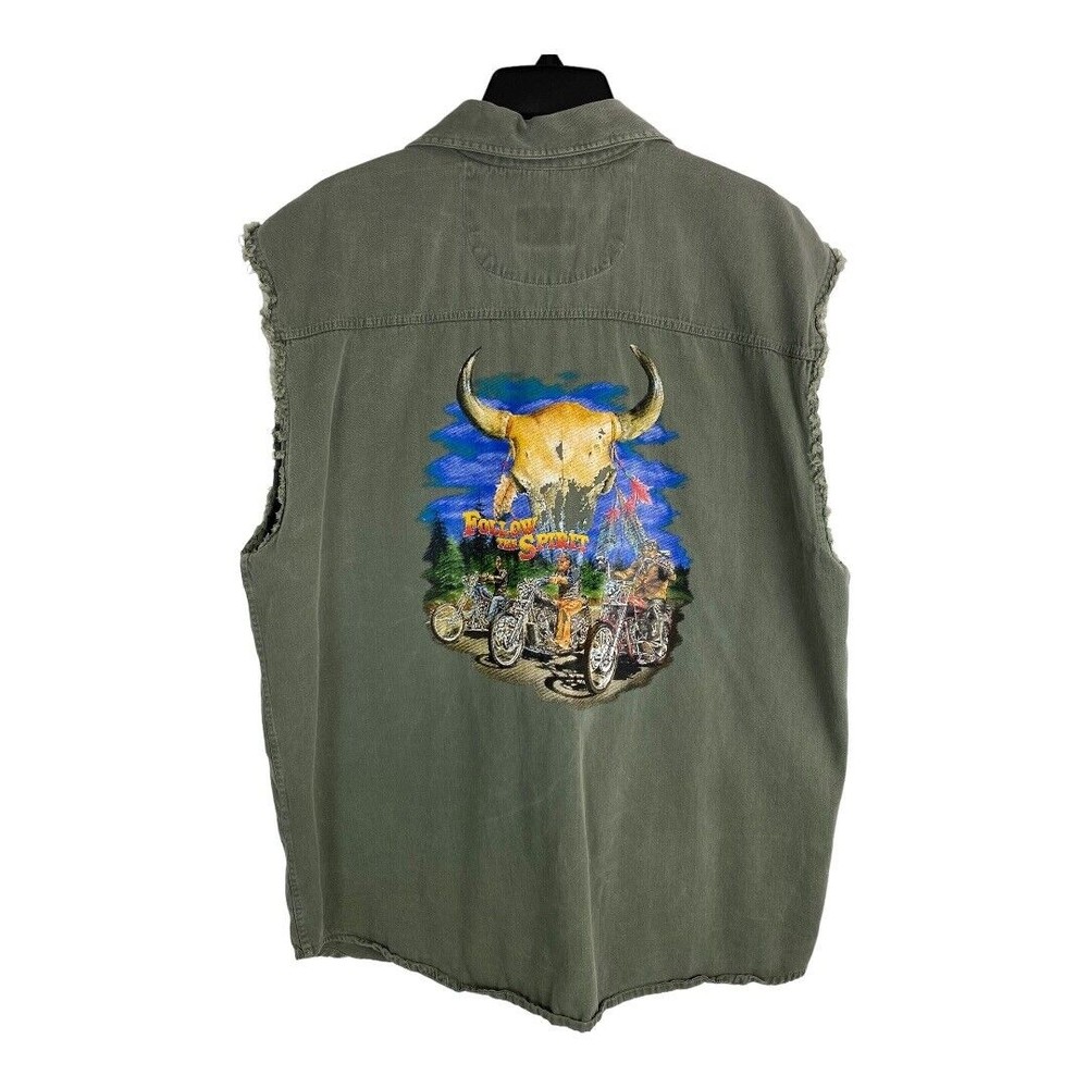 Biker Design Mens Shirt Button Up Adult Size XL Biker Sleeveless Bull Feathers